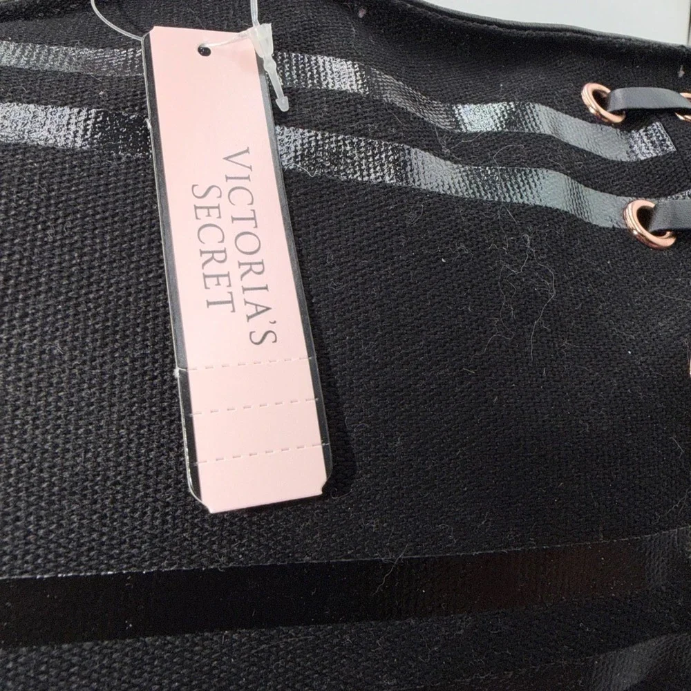 Victorias Secret Black Striped Lace Up Canvas Tote Bag Rose Gold Grommets NWT - Picture 5 of 11